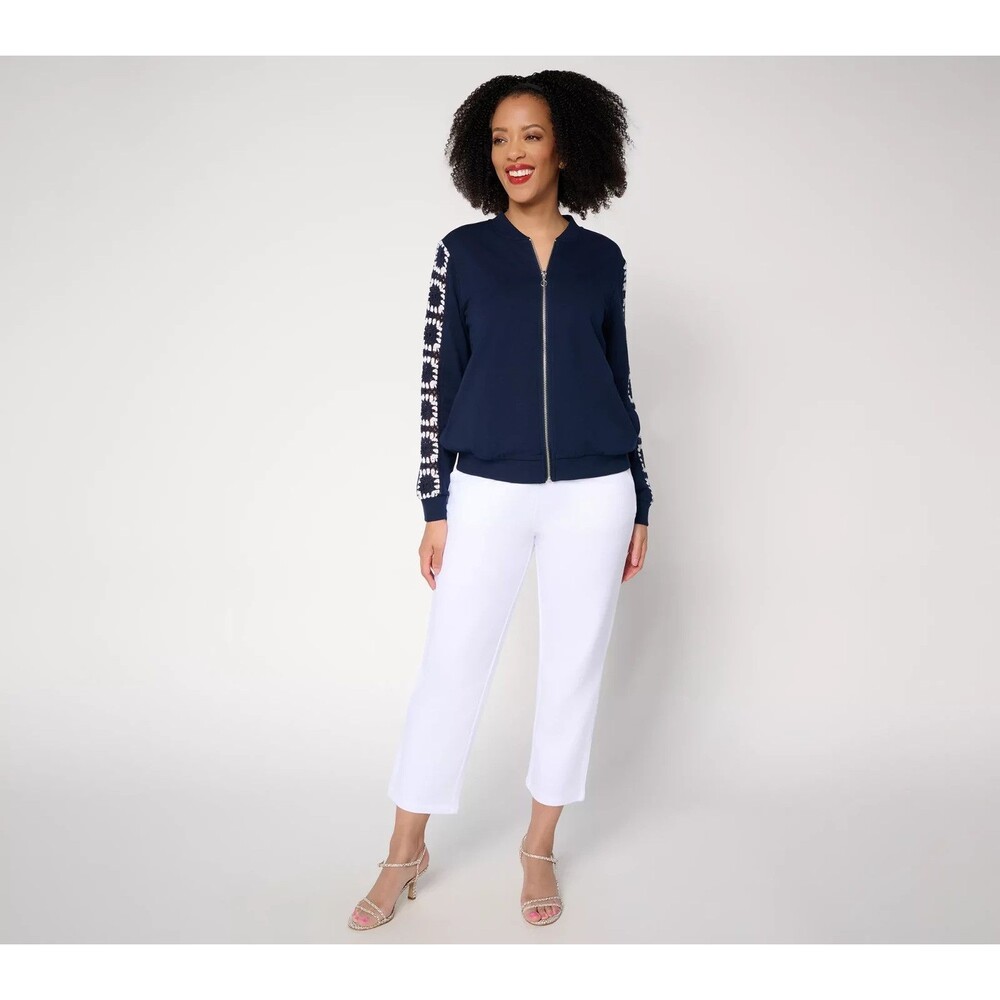 Susan Graver Weekend French Terry Zip-Front Jacket Crochet Detail Navy/White L - Picture 5 of 6